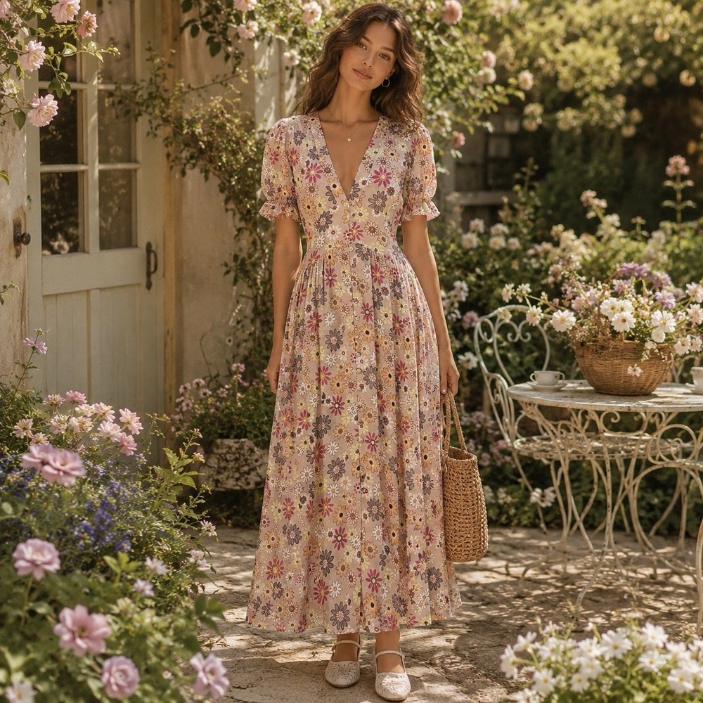 Monte Floral Maxi Dress Floral Full Button Sz L Boho Cottage Core $125 new